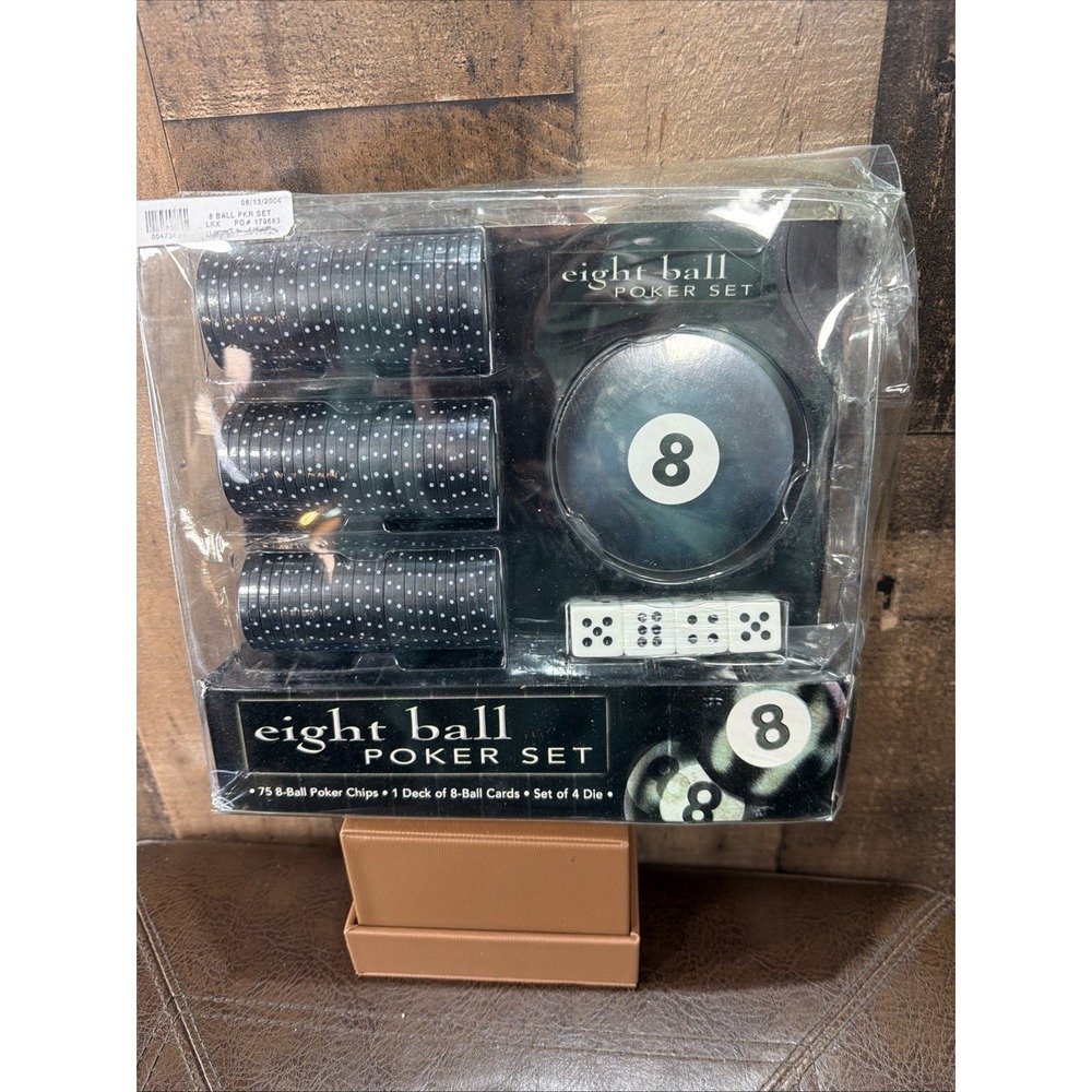 8 Ball Poker Set New In Box Billiards Theme 75 Chips Cards Dice Y2K Vintage 2004